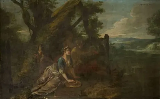 Bird-Catching by a Decoy with a Whistle and Net (Decorative painting for a supper-box at Vauxhall Gardens, London), by Francis Hayman