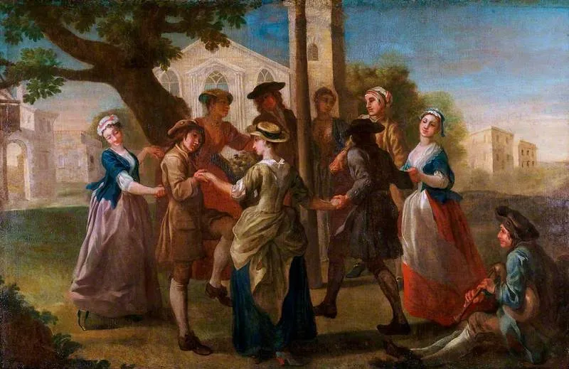 Country Dances round a Maypole (decorative painting for a supper-box at Vauxhall Gardens, London), by Francis Hayman, oil, 1741