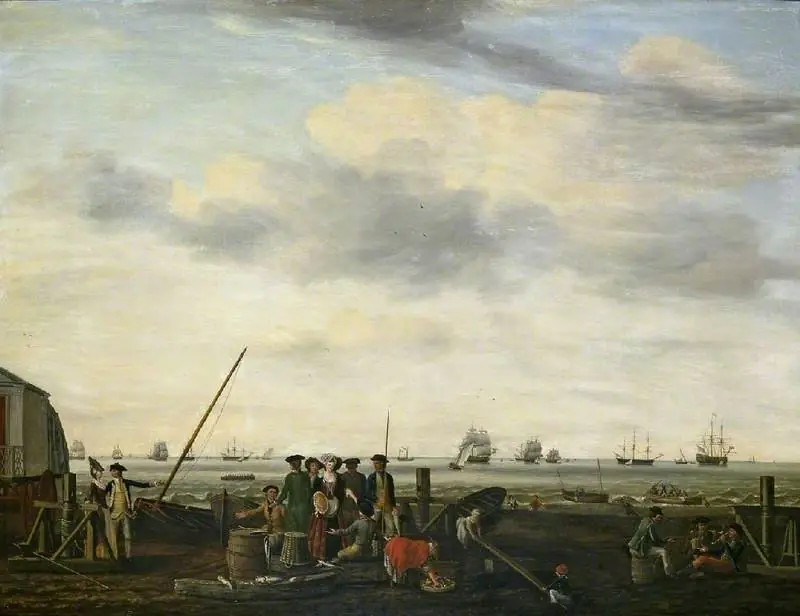Shore scene with shipping, by Francis Holman