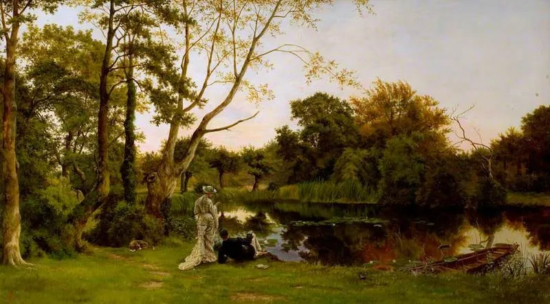 Still Waters: A Lady Fishing and Her Companion Reclining beside Her, by Francis Michael Trappes, oil