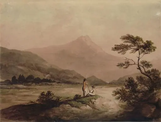 Landscape view of a valley with figures and mountains, by Francis Nicholson