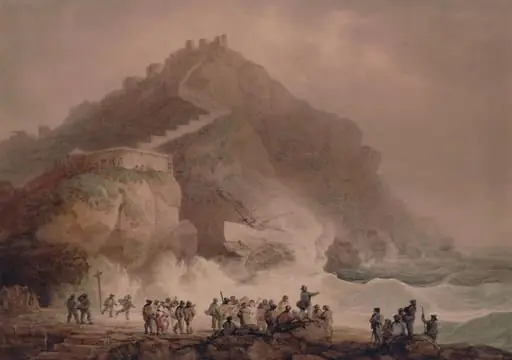 Scarborough: Shipwreck at the foot of the castle cliff, by Francis Nicholson