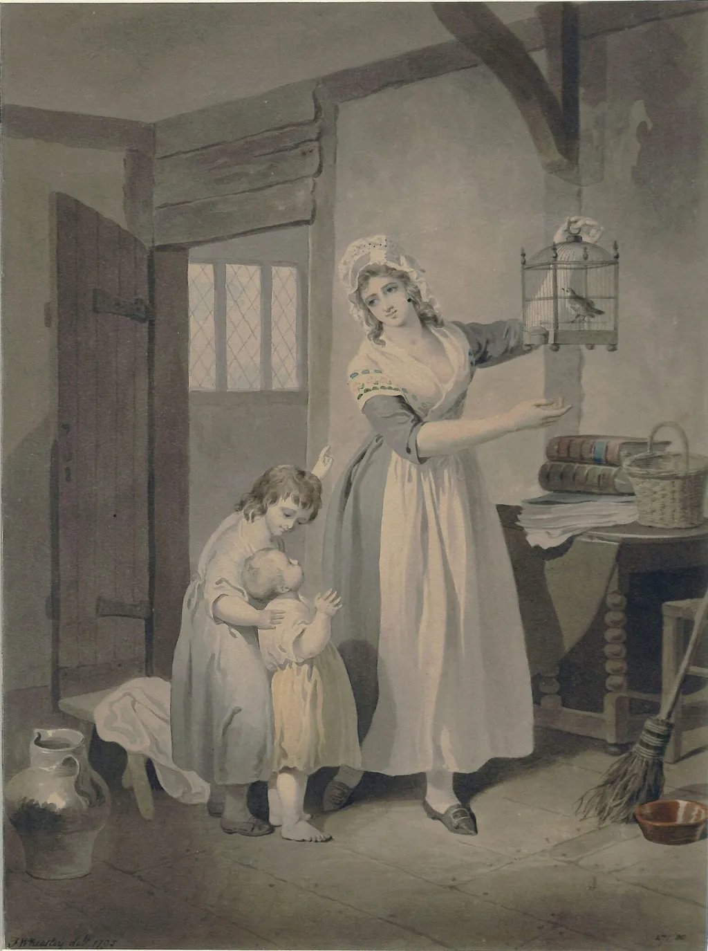 Interior with a woman showing a bird cage to two children, by Francis RA Wheatley, watercolor, 1770