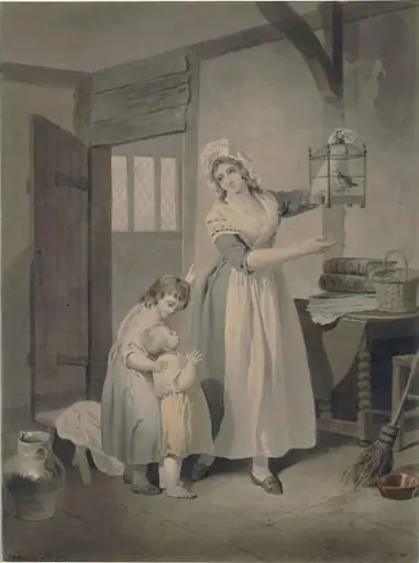 Interior with a woman showing a bird cage to two children, by Francis RA Wheatley