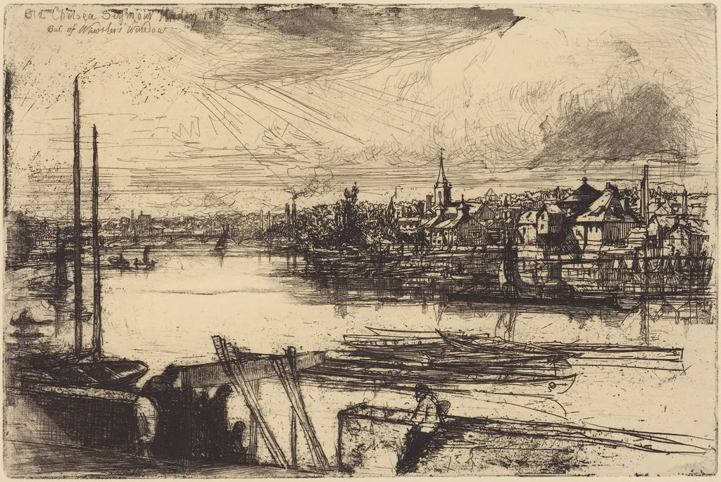 Old Chelsea, Out of Whistler's Window (Battersea Reach), by Francis Seymour Haden, ink, 1863