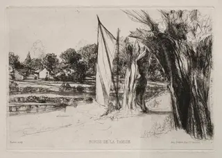Thames Ditton - With a Sail, by Francis Seymour Haden, 1864
