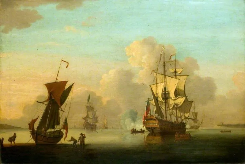 Sea Piece: English Frigates at Anchor in a Calm, Saluting, by Francis Swaine, oil, 1763