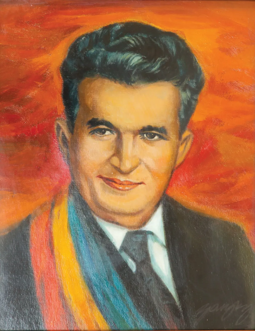 Tablou, „Portret Nicolae Ceaușescu”, semnat Barany în partea dreaptă jos, nedatat. Tabloul prezintă portretul lui Nicolae Caușescu cu banderolă tricoloră pe un fundal roșu - oranj. Comandat și oferit de Comitetul Județean de Partid Arad cu ocazia unei aniverări., by Francisc Barany, 1973