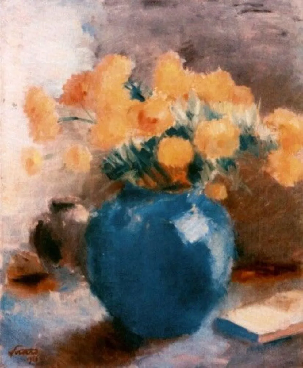 Flori galbene și vas albastru, by Francisc Șirato, unspecified, 1936