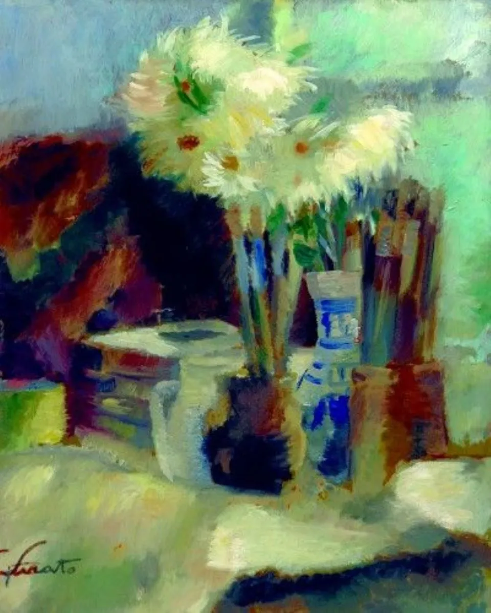 Natură statică cu flori și pensule, by Francisc Șirato, 1925