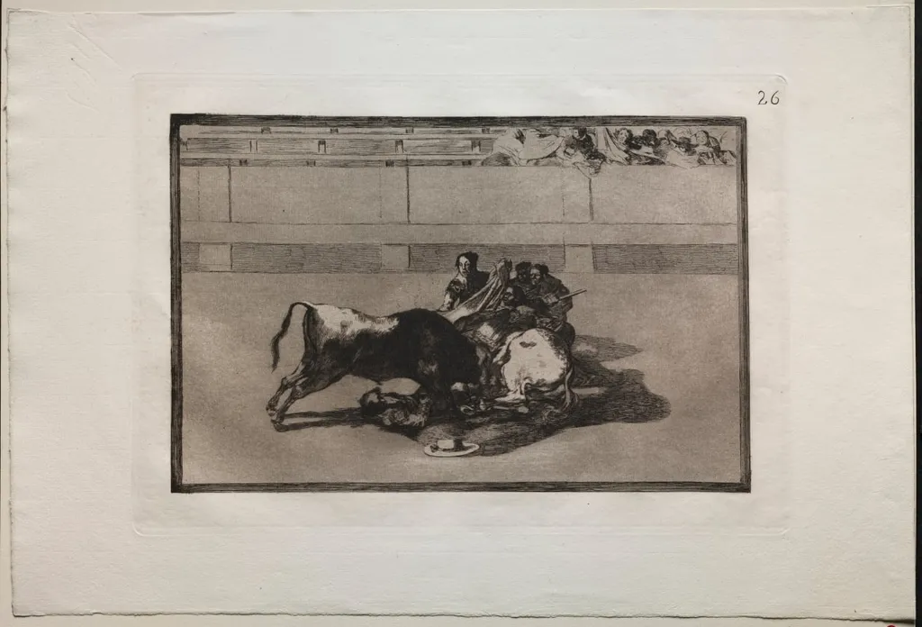 Bullfights: A Picador is Unhorsed and Falls Under the Bull, by Francisco de Goya, 1816
