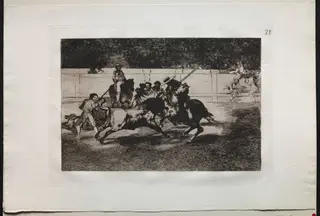 Bullfights:  The Forceful Rendon Stabs a Bull with  the Pique, From Which Pass he died in the Ring at Madrid