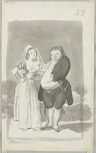 Prostitute Soliciting a Fat, Ugly Man, Folio 49 (recto), by Francisco de Goya, 1796