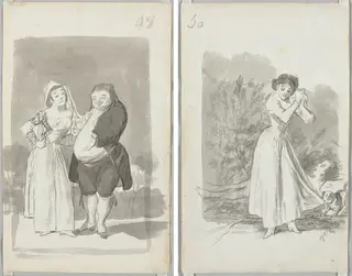 Young Woman (possibly a Sex Worker) with a Man (recto); Young Woman Wringing Her Hands over a Man's Naked Body (verso), by Francisco de Goya, 1796