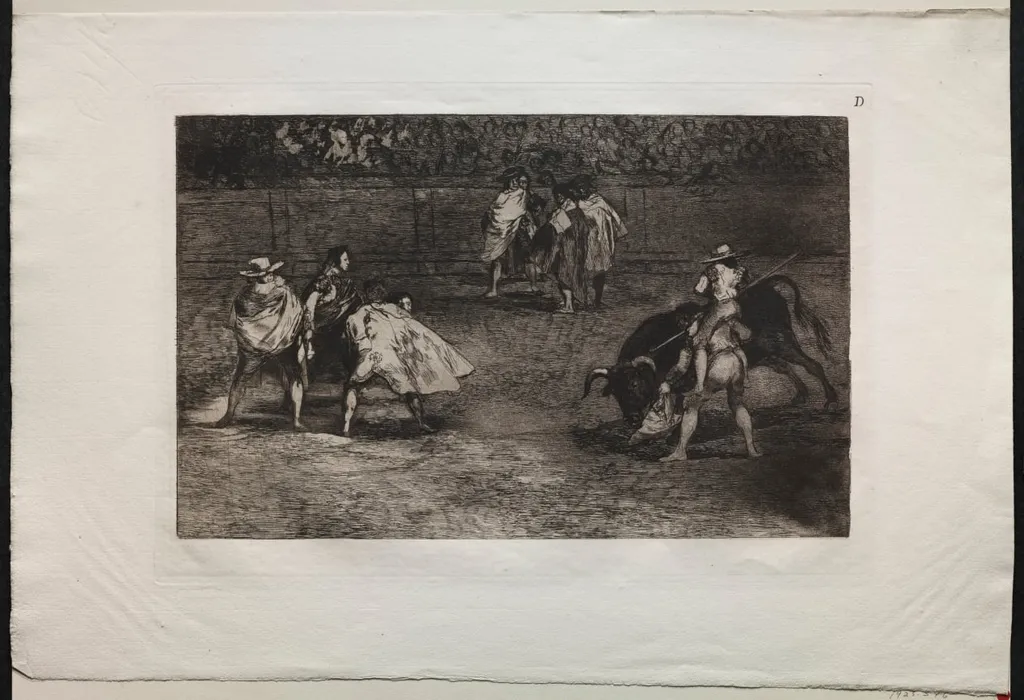 Bullfights: A Bullfighter Mounted on the Shoulders of an Assistant, Spearing a Bull, by Francisco Goya, 1816