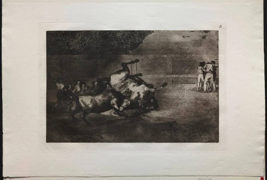 Bullfights: A Horse Thrown by the Bull, by Francisco Goya, 1816