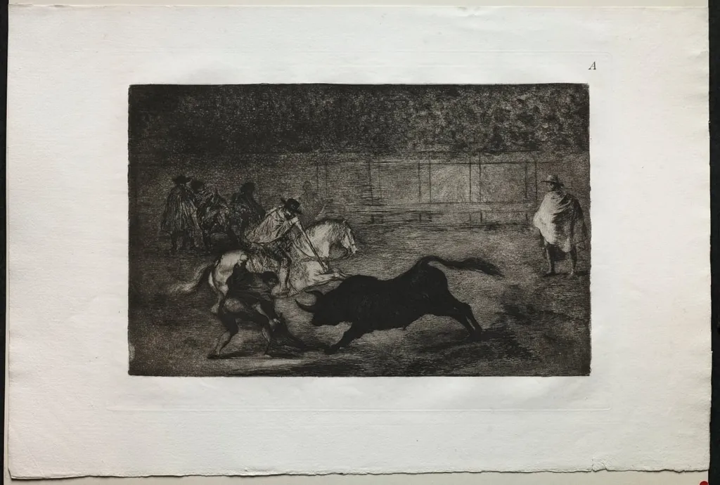 Bullfights: A Spanish Mounted Knight Breaking Short Spears with the Help of Assistants, by Francisco Goya, 1816