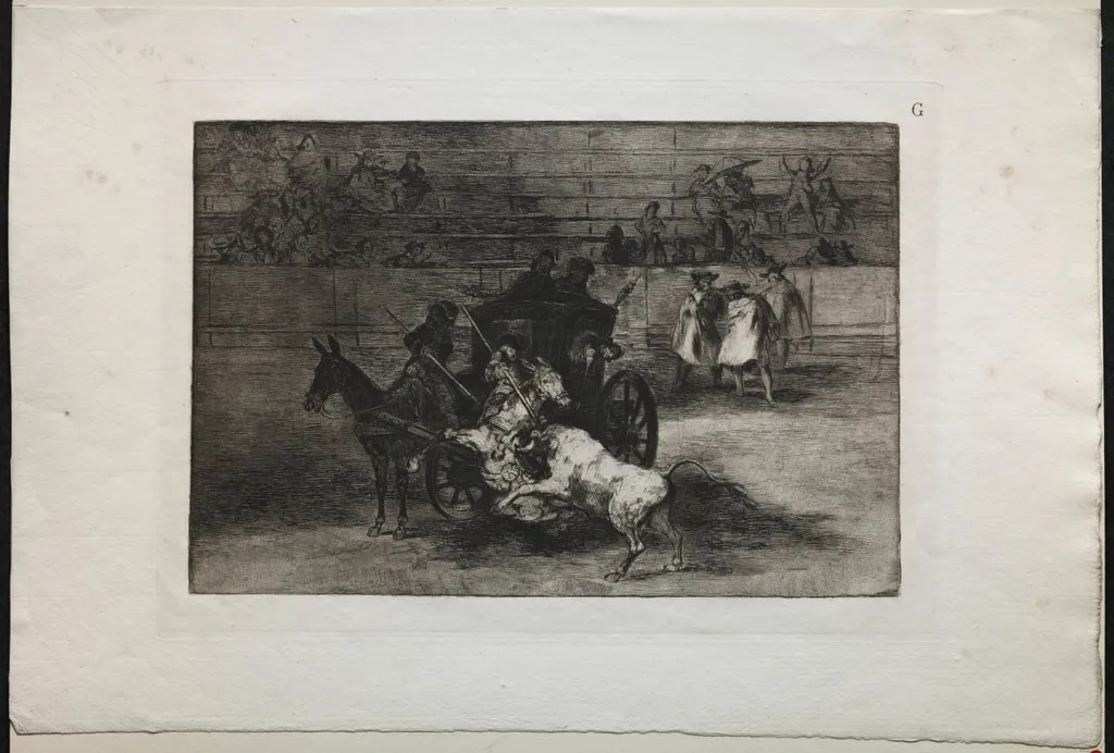 Bullfights: Fight in a Carriage Harnessed to Two Mules, by Francisco Goya, 1816