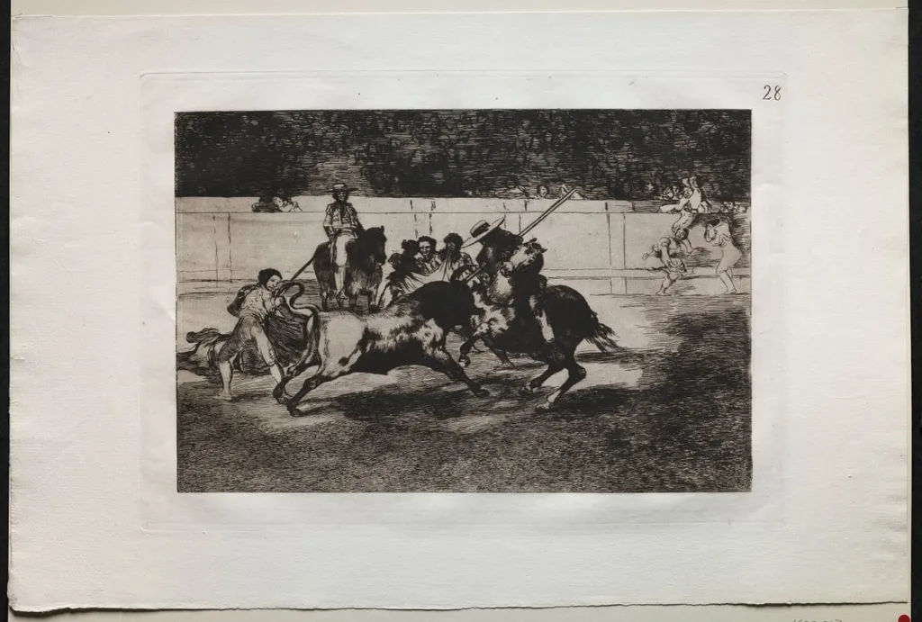 Bullfights: The Forceful Rendon Stabs a Bull with the Pique, From Which Pass he died in the Ring at Madrid, by Francisco Goya, 1816