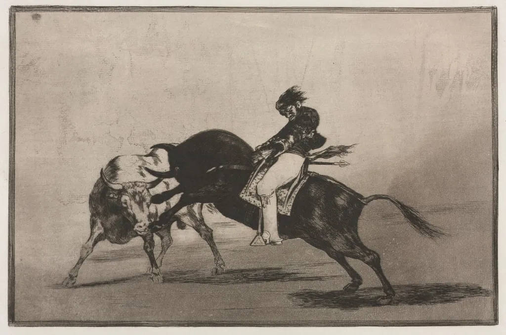 Bullfights: The Same Ceballos Mounted on Another Bull Breaks Short Spears in the Ring at Madrid, by Francisco Goya, 1816