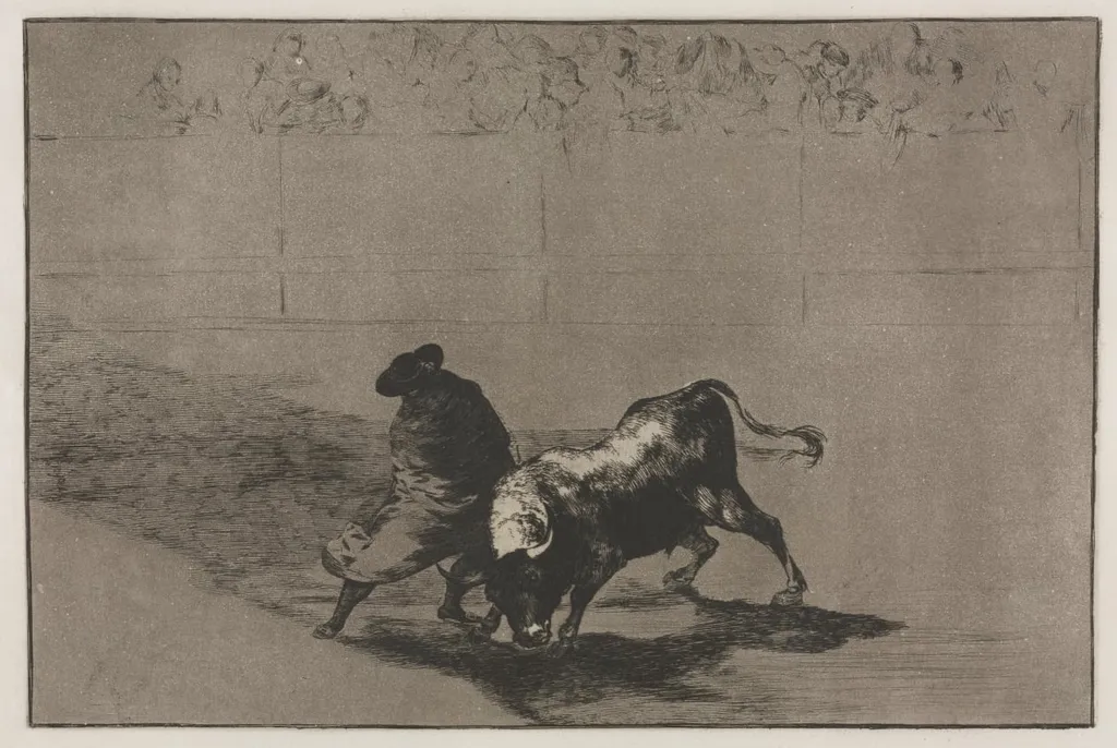 Bullfights: The Very Skilful Student of Falces, Wrapped in his Cape, Tricks the Bull with the Play of his Body, by Francisco Goya, 1816
