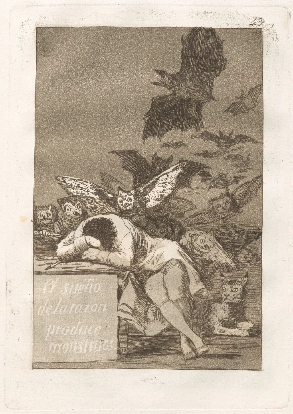 El sueño de la razon produce monstruos (The Sleep of Reason Produces Monsters), by Francisco Goya, ink, 1799