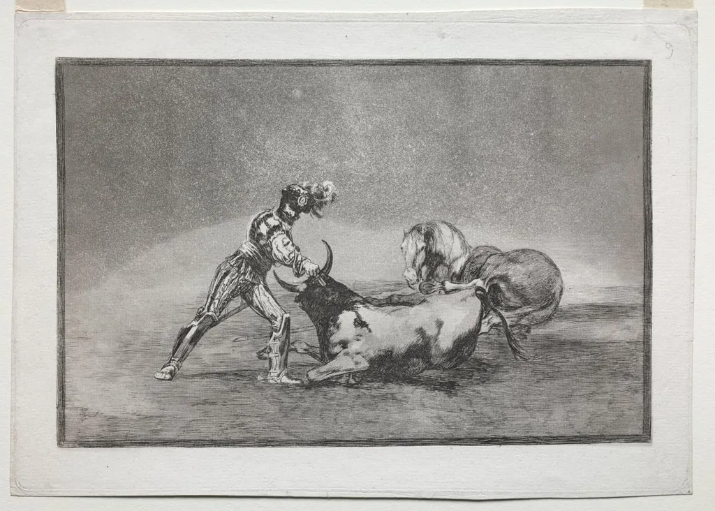 La Tauramaquia: A Spanish Knight Kills the Bull after Having Lost His Horse, by Francisco Goya, 1816