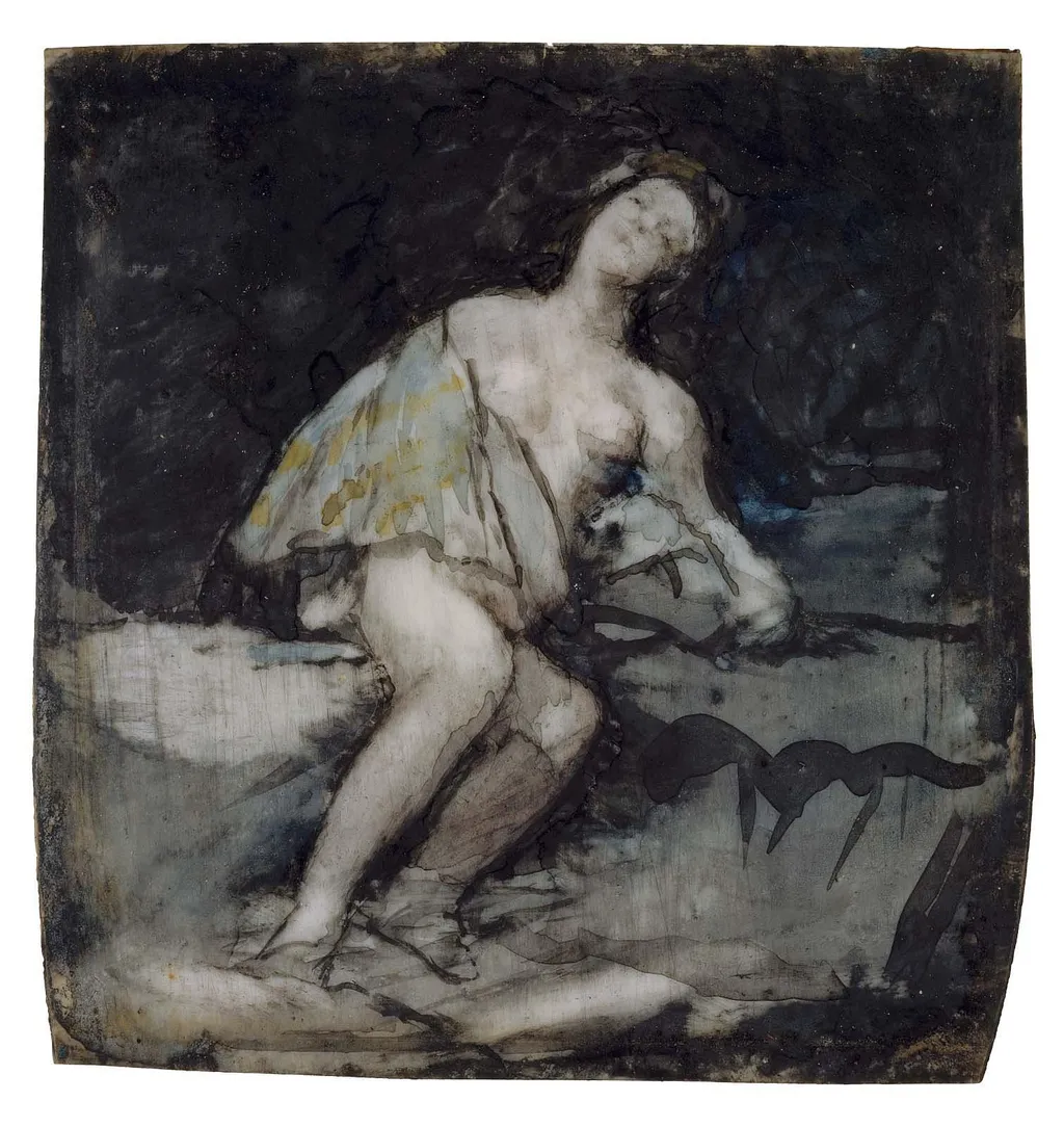 Nude Woman Reclining Against a Rock, by Francisco Goya, watercolor, 1824