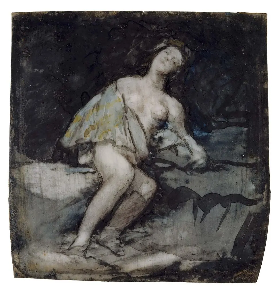 Nude Woman Reclining Against a Rock, by Francisco Goya