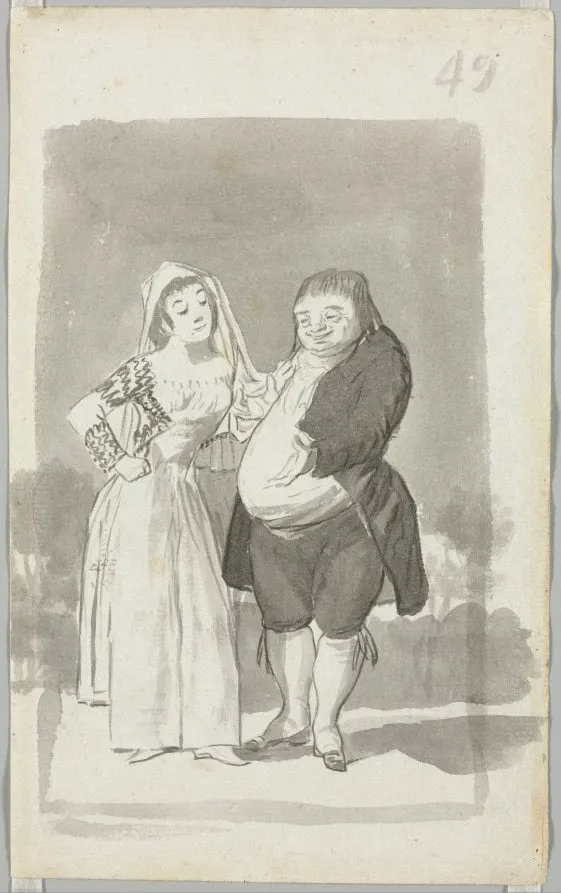 Prostitute Soliciting a Fat, Ugly Man, Folio 49 (recto), by Francisco Goya, 1796