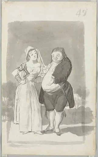 Prostitute Soliciting a Fat, Ugly Man, Folio 49 (recto), by Francisco Goya