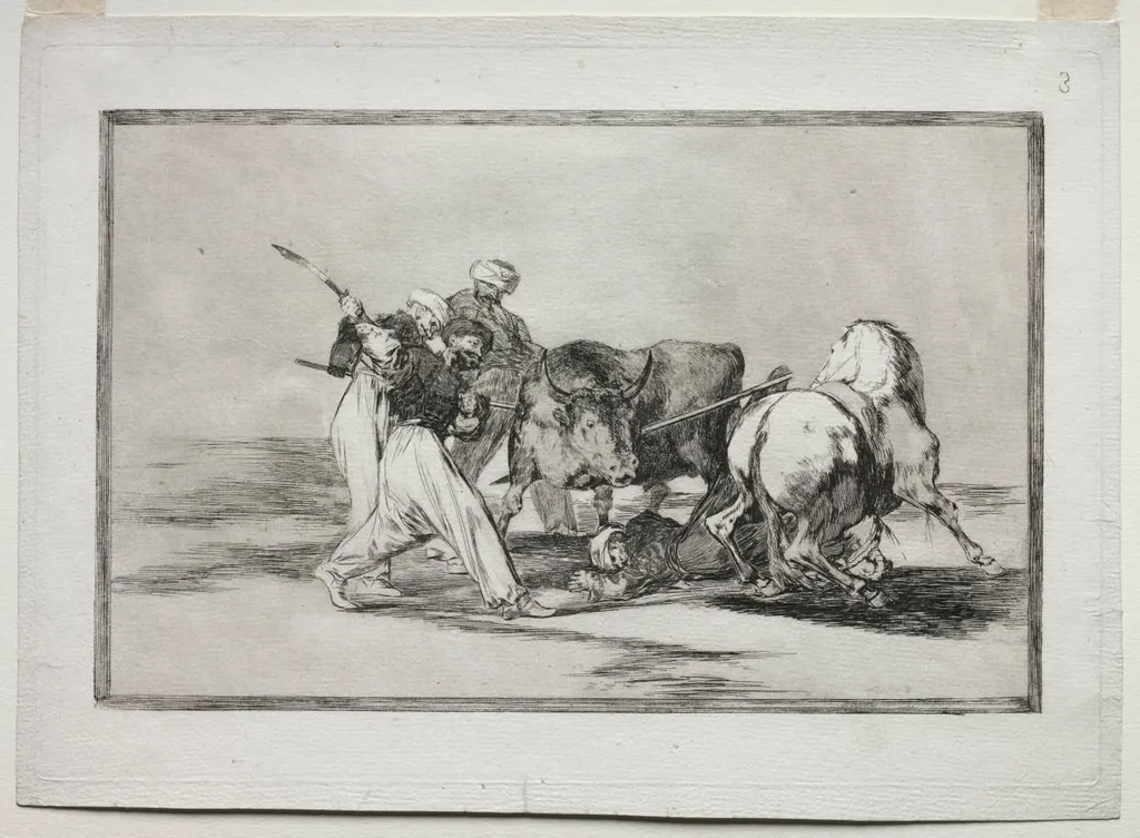 The Moors Settled in Spain, Giving Up the Superstitions of the Qur'an, Adopted this Art of Hunting, and Spear a Bull in the Open, by Francisco Goya, 1816