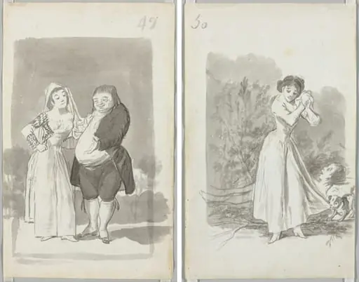 Young Woman (possibly a Sex Worker) with a Man (recto); Young Woman Wringing Her Hands over a Man's Naked Body (verso), by Francisco Goya