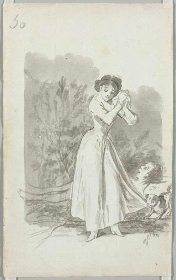 Young Woman Wringing Her Hands over a Man's Naked Body, Folio 50 (verso), by Francisco Goya, 1796
