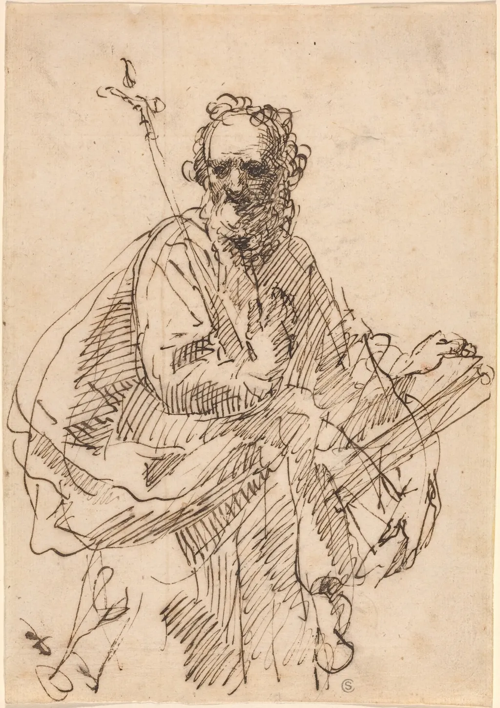 A Standing Saint with a Crucifix and a Book, by Francisco Herrera II, ink, 1664