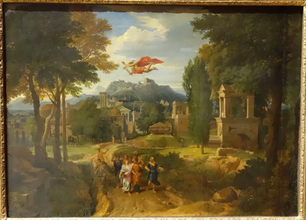 Antique landscape with Hermes and Herse, by Francisque Millet, oil