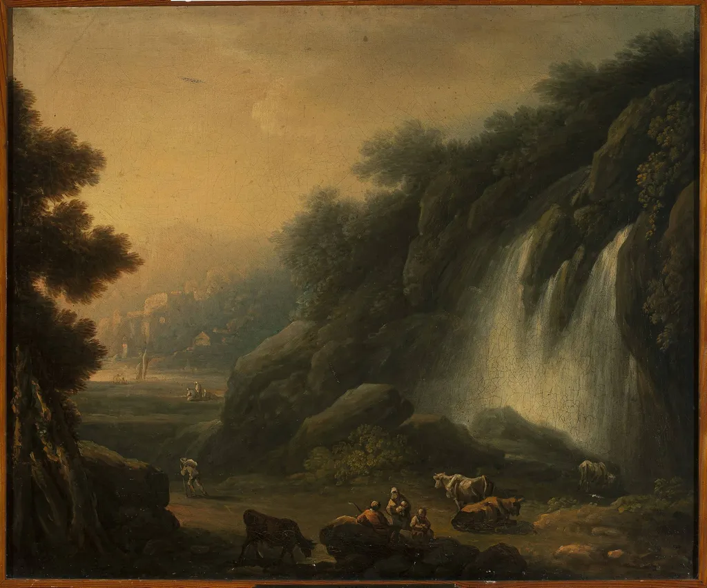 Mountain landscape with a waterfall and staffage, by Franciszek Ksawery Lampi, oil, 1827