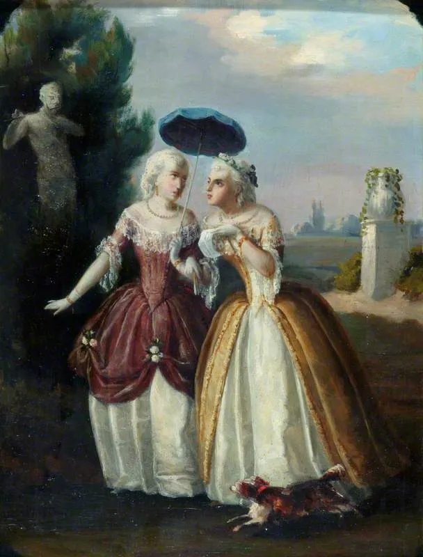 Ladies in Conversation: An Eighteenth Century Costume Piece, by François Bocion, oil, 1848