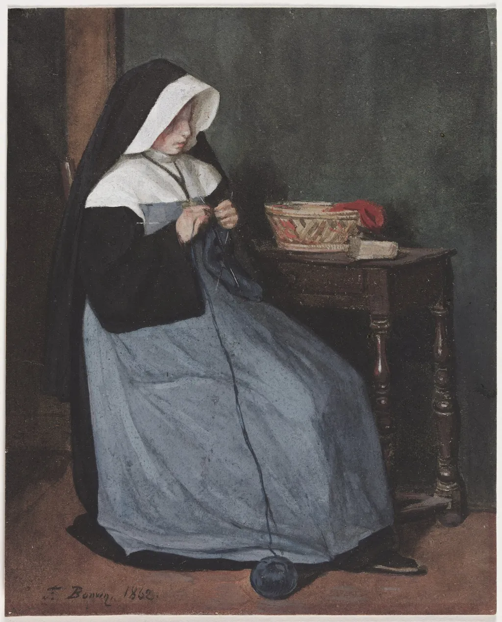 A Nun Seated at a Table Knitting, by François Bonvin, 1862
