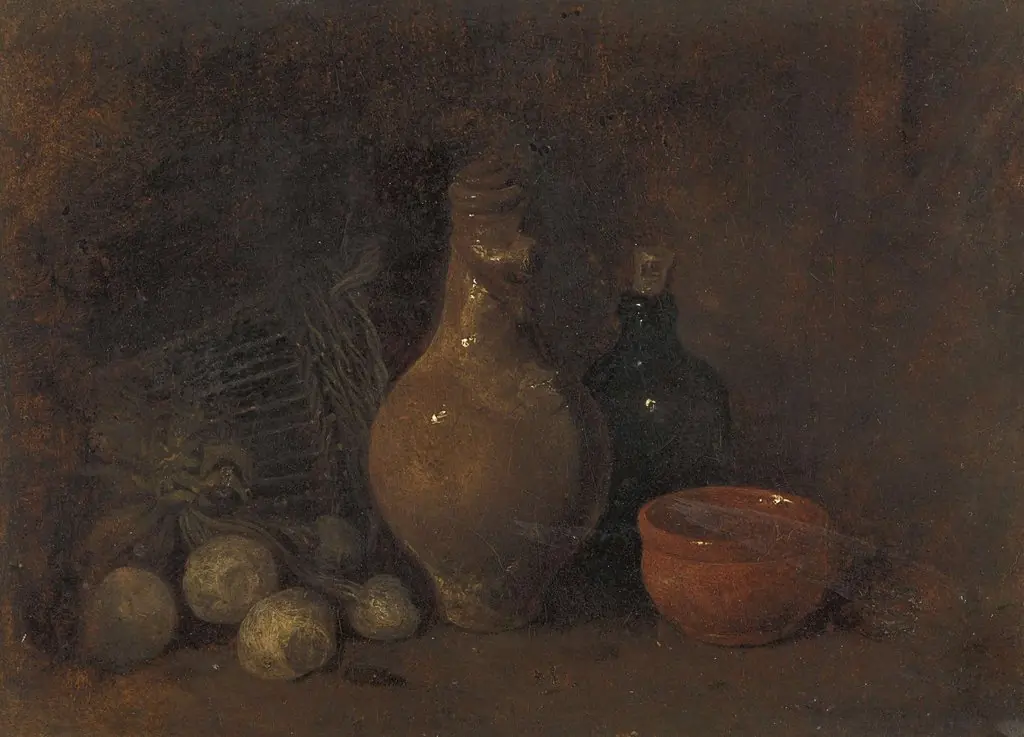 Stilleven met vier vruchten, glas en aardewerk, by François Bonvin