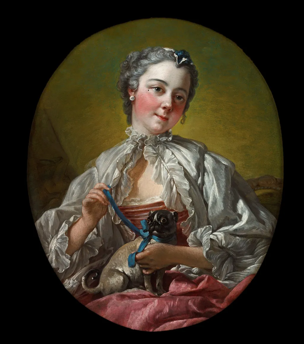 A young lady holding a pug dog, by François Boucher, oil, 1740
