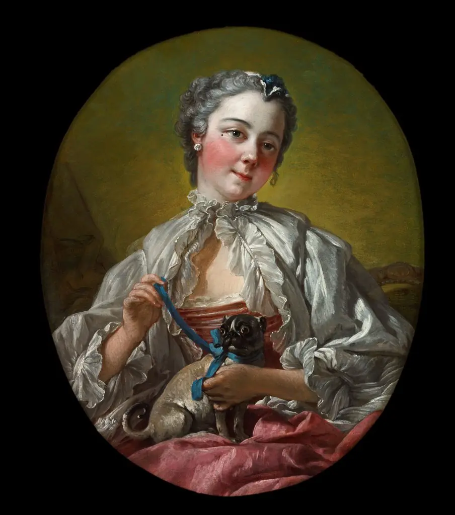 A young lady holding a pug dog, by François Boucher