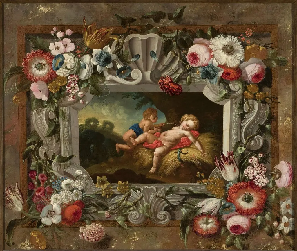Allegory of summer in a circle of flowers
