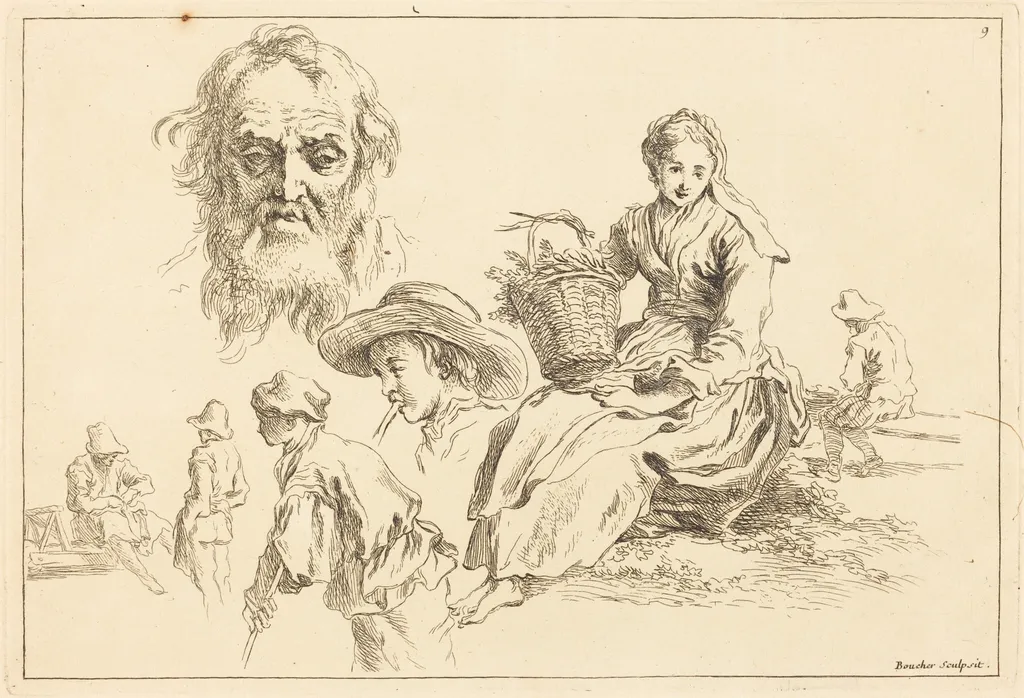 Figure Studies including Bearded Face of an Old Man, by François Boucher, ink, 1735
