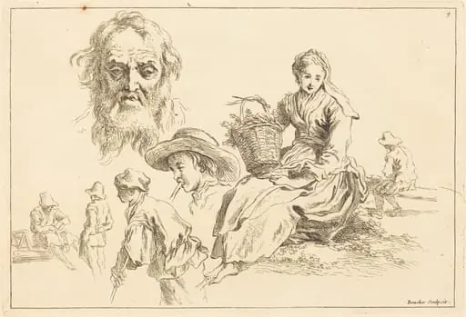 Figure Studies including Bearded Face of an Old Man, by François Boucher