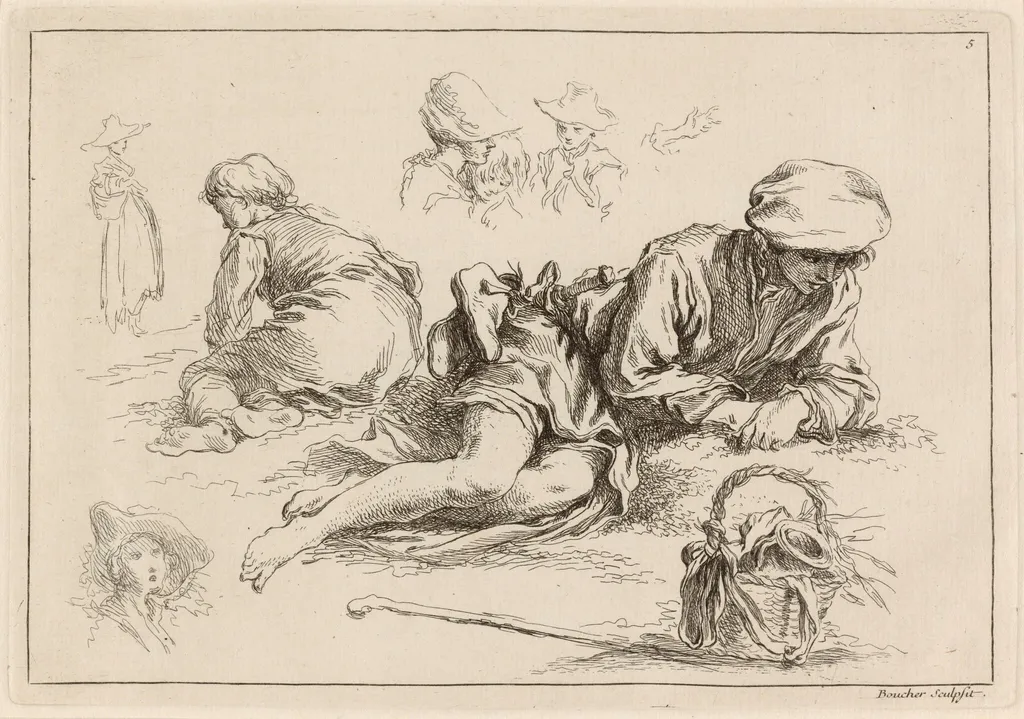 Figure Studies including Reclining Boy, by François Boucher, ink, 1735