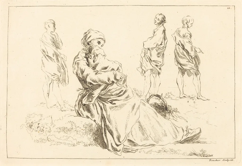 Figure Studies including Seated Mother and Child, by François Boucher, ink, 1735