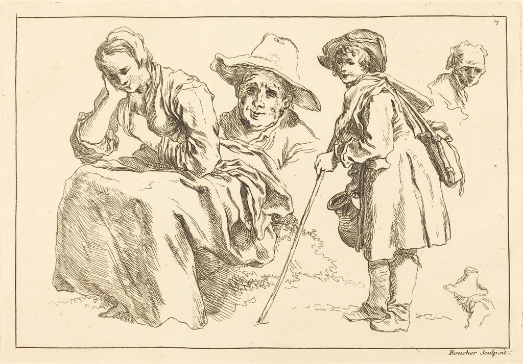 Figure Studies including Standing Boy Holding a Pitcher, by François Boucher, ink, 1735