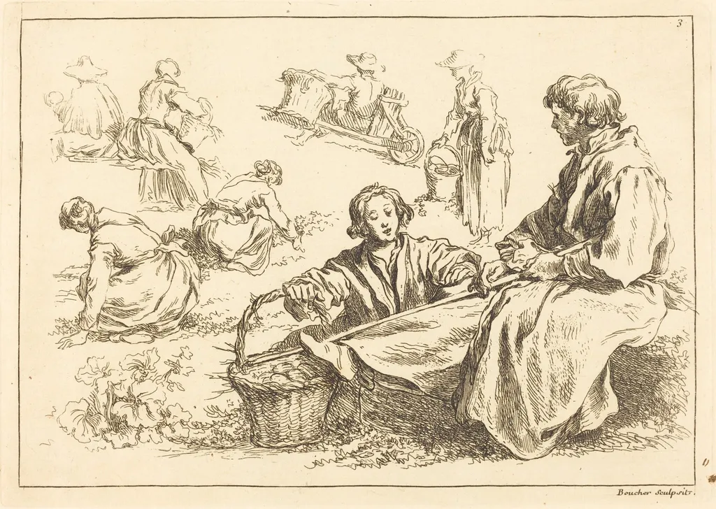 Figure Studies including Two Seated Peasants, by François Boucher, ink, 1735