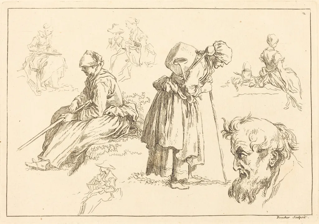 Figure Studies including Woman with a Kettle, by François Boucher, ink, 1735